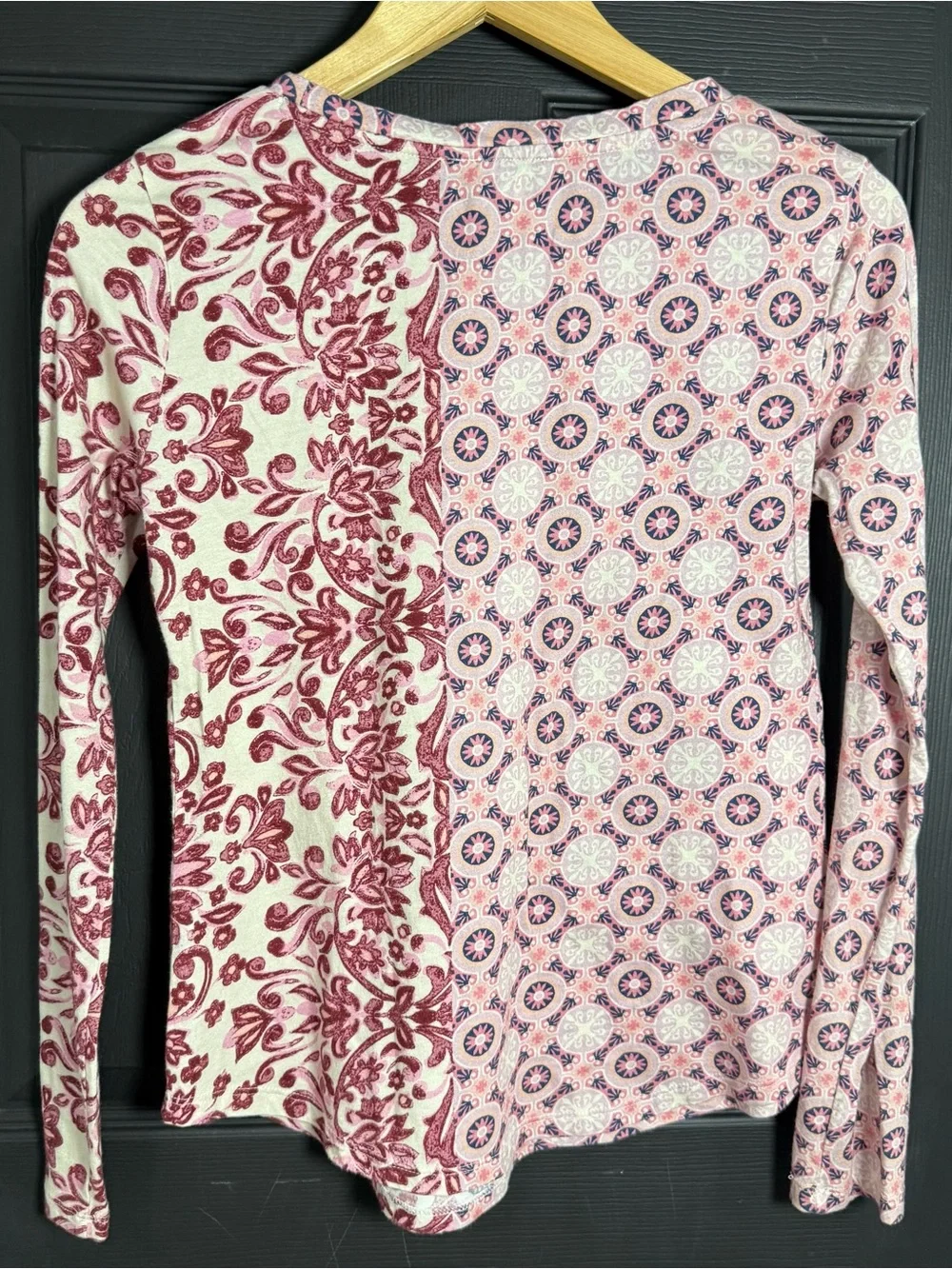 Sundance Long Sleeve Floral Patchwork Tee in Pink, Burgundy, Green